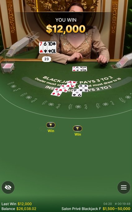 A woman sitting at a blackjack table with her hand showing all four suits. The text displayed on the screen says "Blackjack feels kind of easy sometimes Drop your Solana wallets I’m giving everyone money today". This means that she has won $12,000 in her current game session.