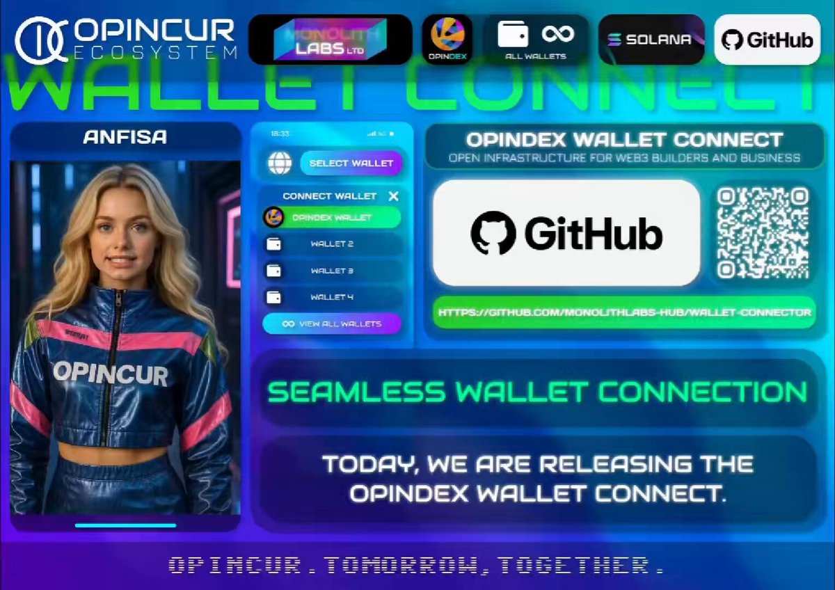 The image features a woman wearing a blue jacket with white text that says "OPINDEX Wallet Connect" at the top. Below her photo, there's an advertisement for Opindex Wallet Connect, which is a Web3 gateway for the Solana ecosystem. The post also mentions that the OPINDEX wallet has been officially open-sourced and is available to the developer and business community entirely free of charge.