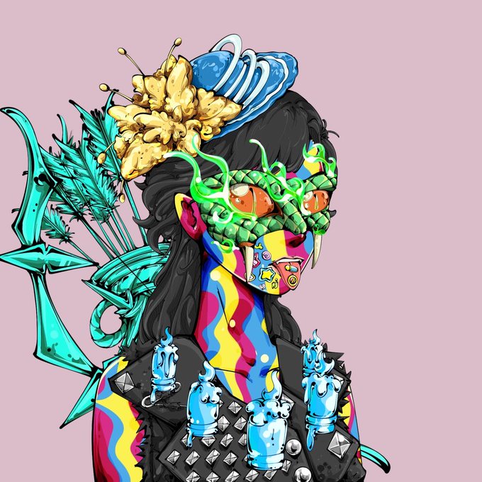 A vibrant, colorful illustration of a stylized character with an elaborate, surreal headdress featuring popcorn, candy, and dragon-like creatures.