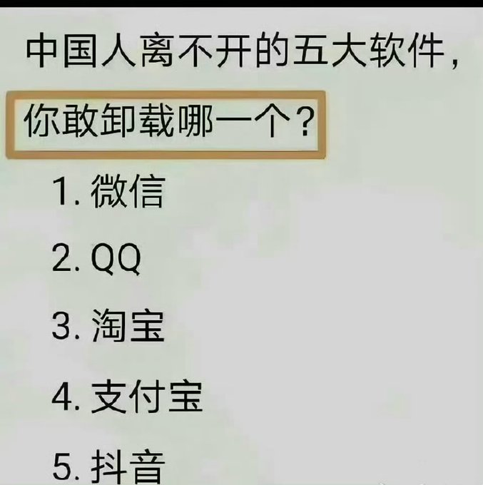 A Chinese text image asking '中国人离不开的五大软件，你敢卸载哪一个？' (The five essential apps for Chinese people, which one do you dare to uninstall?), listing: 1. 微信 (WeChat), 2. QQ, 3. 淘宝 (Taobao), 4. 支付宝 (Alipay), 5. 抖音 (Douyin).