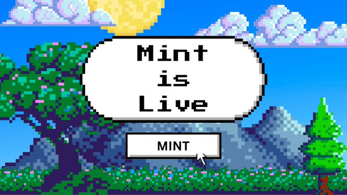 A pixel-art scene features a bright landscape with a large yellow sun, fluffy clouds, mountains, trees, and a flower-covered meadow, overlaid with a speech bubble reading "Mint is Live" above a "MINT" button being clicked by a cursor. The retro aesthetic and text reinforce the post's announcement that a free mint is live on OpenSea for holders of eligible collections.
