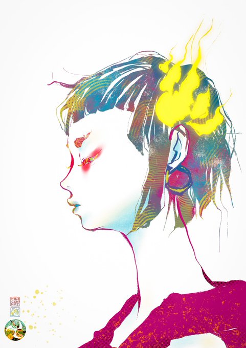 A colorful pop art style profile illustration of a woman with yellow flame-like hair.