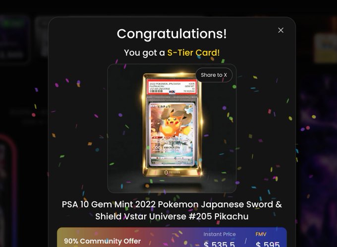 A 'Congratulations!' screen displays obtaining an S-Tier Card showing a PSA 10 Gem Mint 2022 Pokemon Japanese Sword & Shield Vstar Universe #205 Pikachu card valued at $535.5-$595.