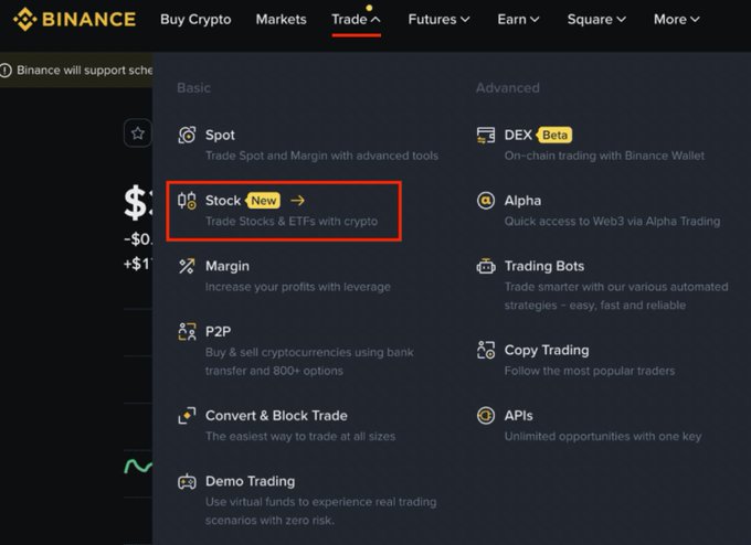 A Binance website screenshot showing the Trade dropdown menu with the 'Stock' option (marked 'New') highlighted in a red box, advertising 'Trade Stocks & ETFs with crypto' alongside other options like Spot, Margin, P2P, and DEX.