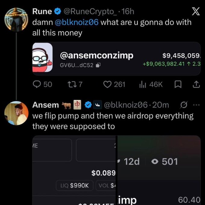 A tweet exchange where RuneCrypto (@RuneCrypto_) asks @blknoiz06 what they'll do with the money after seeing the $9,458,059 (+$9,063,982) held by @ansemconzimp, and Ansem responds: "we flip pump and then we airdrop everything they were supposed to" — directly illustrating the "Ansem playbook" described in the caption, where launching a token and airdropping fees is aimed at flipping PumpFun's market cap.