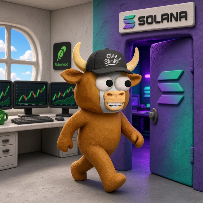 A 3D-rendered bull mascot wearing a 'Clay Stonks' cap walks past trading monitors showing charts, a Robinhood sign, and a doorway labeled 'SOLANA' with its logo.