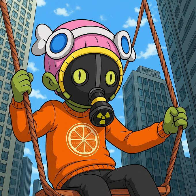 An illustrated green-skinned character wearing a gas mask with yellow eyes, a pink hat with bone accessories, and an orange sweatshirt featuring an orange slice design, swinging on ropes between city skyscrapers.