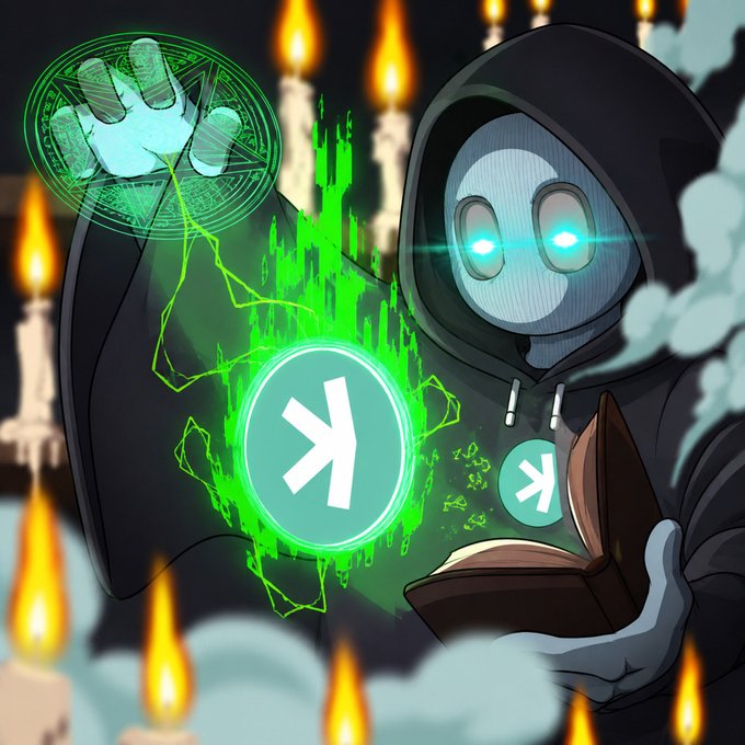 A hooded, ghostly figure with glowing blue eyes is depicted performing mystical magic, summoning a green energy symbol resembling the Kaspa "K" logo while referencing a spellbook. The post calls $KAS "stupidly undervalued," with the image reinforcing this bullish sentiment by portraying the token as a powerful, magical force being unleashed by a supernatural being.