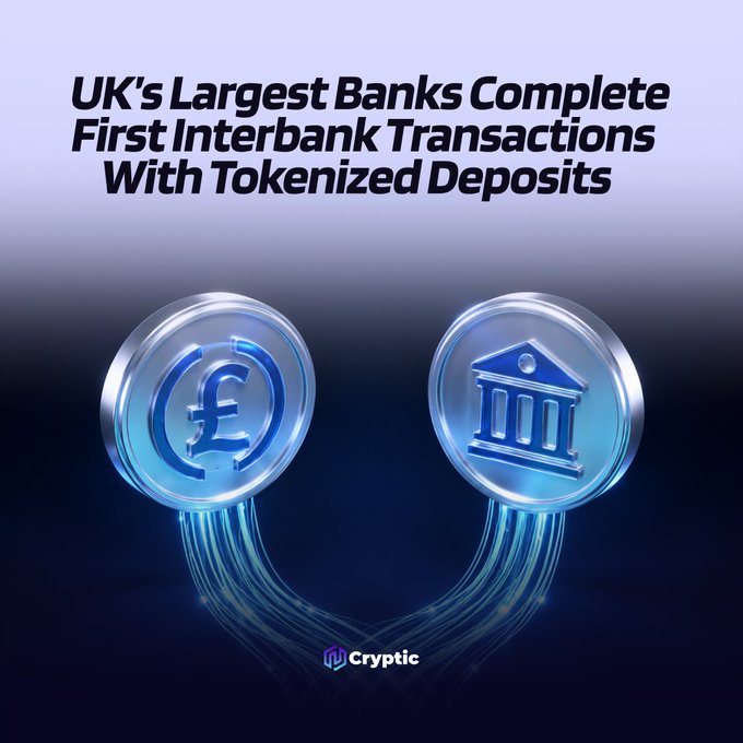 A digital graphic titled "UK's Largest Banks Complete First Interbank Transactions With Tokenized Deposits" features two glowing blue coins—one displaying a pound sterling symbol (£) and the other a classical bank building—connected by flowing light streams, symbolizing the blockchain-based transaction between major UK banks. The Cryptic logo appears at the bottom, illustrating the innovative milestone of Lloyds, NatWest, and Barclays using tokenized sterling deposits for live remortgage transactions.
