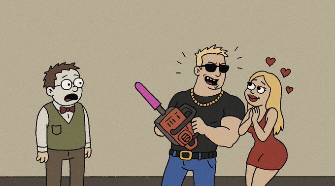 The image shows a cartoon scene where a nerdy, bespectacled man in a vest and bowtie looks shocked as a muscular, sunglasses-wearing man with a gold chain wields a chainsaw while a blonde woman in a red dress gazes adoringly at him, symbolizing the "alpha" meme of rugged strength beating out the seemingly less impressive contender—mirroring the post's hype for its token launch, where the "cookoldbroker" project positions itself as the dominant force, mocking those who might "fade" or overlook it.