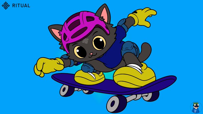 A cartoon mascot of a black cat wearing a purple helmet, yellow gloves, and yellow shoes, riding a skateboard against a bright blue background with 'RITUAL' branding.
