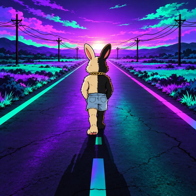 A vibrant anime-style illustration of an anthropomorphic rabbit character wearing denim shorts and a gold chain, walking down an empty road toward a glowing purple and pink sunset.