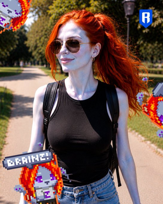 A red-haired woman wearing sunglasses, a black tank top, and a backpack walks along a park path, with pixel art fire creatures and the text 'BRAINZ!' overlaid.