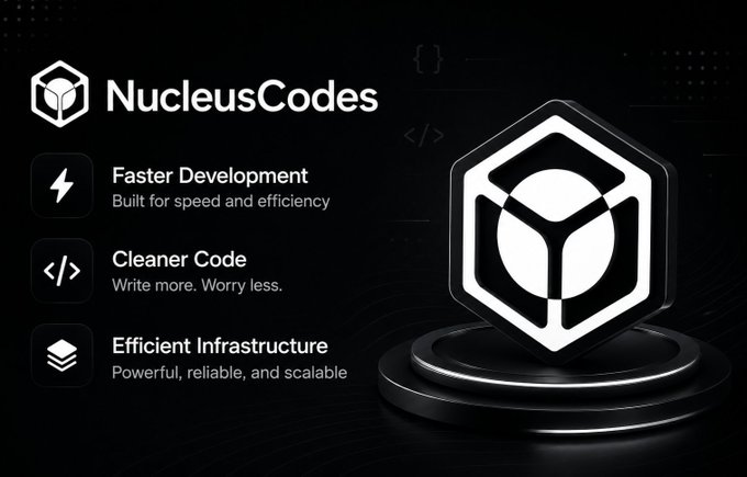 A black promotional graphic for NucleusCodes featuring a hexagonal logo and listing benefits: Faster Development (Built for speed and efficiency), Cleaner Code (Write more. Worry less.), and Efficient Infrastructure (Powerful, reliable, and scalable).