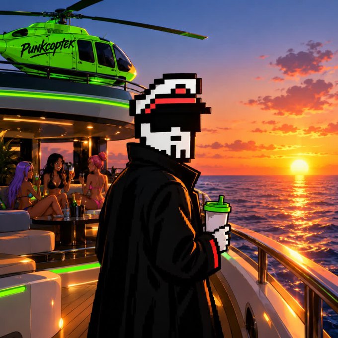 A pixel-art character in a black coat holds a drink on a yacht deck at sunset, with a green helicopter labeled 'Punkcopter' above and women socializing nearby.