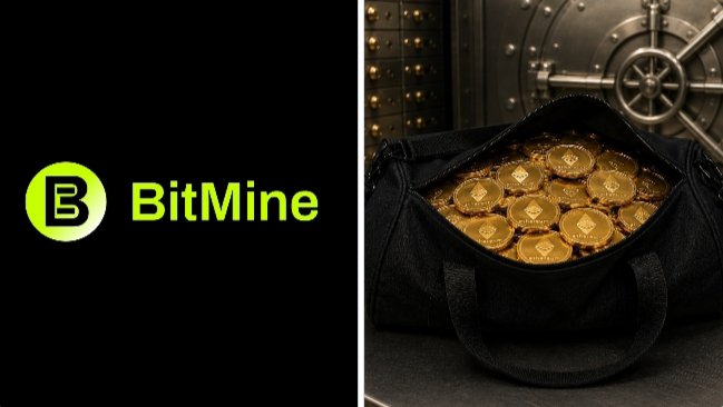 BitMine logo beside a duffel bag overflowing with gold Ethereum-branded coins, set against a vault door, symbolizing the company's massive Ethereum holdings of 5,797,813 ETH.