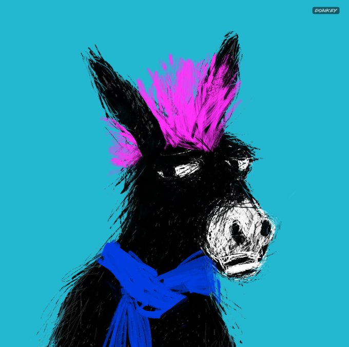 A stylized illustration of a black donkey with a bright pink mohawk and a blue bandana around its neck, set against a bright blue background with a 'DONKEY' watermark.