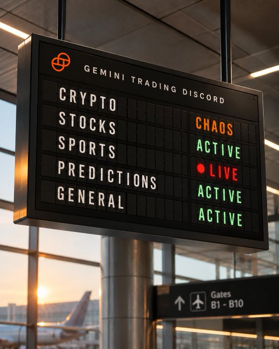 A digital signboard for the "Gemini Trading Discord" hangs in what appears to be an airport terminal, displaying channels like Crypto, Stocks, Sports, Predictions, and General, with statuses ranging from "CHAOS" to "Active" and one marked "●LIVE" — humorously suggesting that crypto market volatility is so intense it has spilled into everyday life, as evidenced by the live activity alerts on the board.