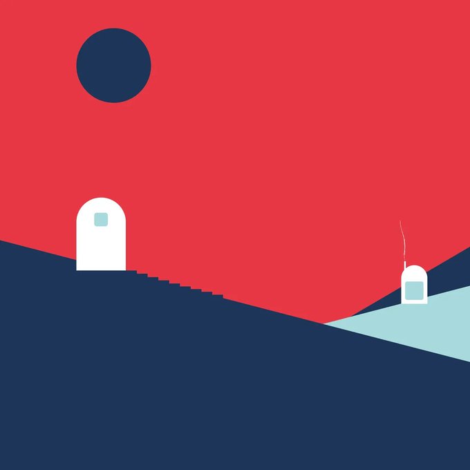 A minimalist illustration features a red sky with a dark blue moon above a hillside containing two small arched doorways—one on a slope with steps leading down, and another on the right—evoking the journey of finding "Home Or House" as referenced in the accompanying NFT auction post for 0.055 ETH.