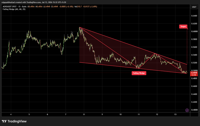 A TradingView chart of AERO/USDT on Bybit Spot, showing a 'Falling Wedge' pattern with a target price set at 0.6200 and the current price highlighted at 0.4949 (-2.69%).