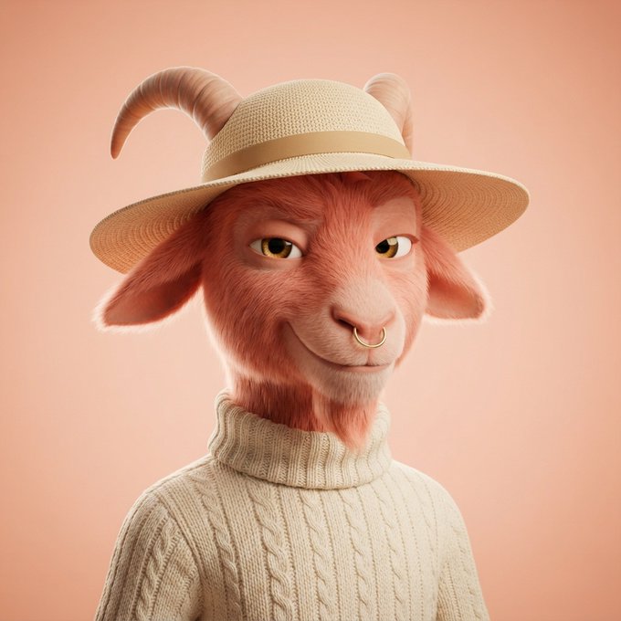 A 3D-rendered anthropomorphic goat character wearing a beige straw hat with a tan band, a cream cable-knit turtleneck sweater, and a gold nose ring against a soft peach background.