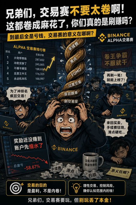 The image features an illustration of people working at a desk with computers, surrounded by stacks of papers and various items such as cups and books. The scene appears to be chaotic or intense, possibly due to a competition or a high-stakes trading scenario. The caption in the image reads "Is the Binance Alpha trading competition getting a bit too intense right now? A lot of people are frantically churning out trading volume to climb the rankings, but when you crunch the numbers on fees, slippage, and opportunity costs", which suggests that there might be some confusion or disagreement about the financial aspects of the situation.