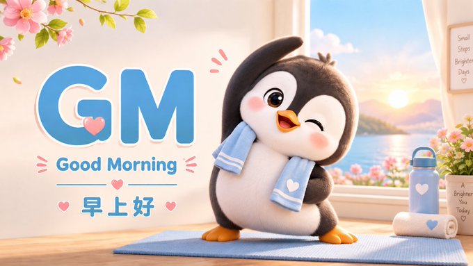 A cheerful cartoon penguin wearing a blue scarf waves on a yoga mat with the text 'GM Good Morning' and Chinese characters '早上好' displayed beside it, with a sunrise visible through the window.