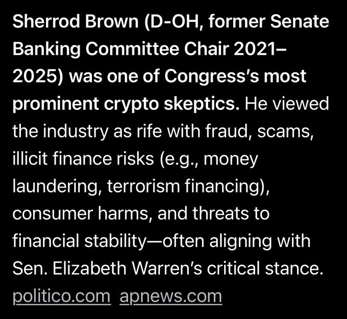 Text excerpt describing Sherrod Brown (D-OH), former Senate Banking Committee Chair (2021–2025), as a prominent crypto skeptic who aligned with Sen. Elizabeth Warren, with citations to politico.com and apnews.com.