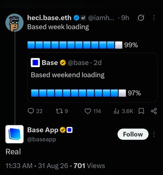 A screenshot of a Base post showing "Based week loading" at 99% and "Based weekend loading" at 97%, posted by @baseapp (Base App) and referenced by @heci.base.eth, tying into a caption speculating that Base's upcoming developments are fueling $BASECAT's rapid rise toward a $50M market cap.