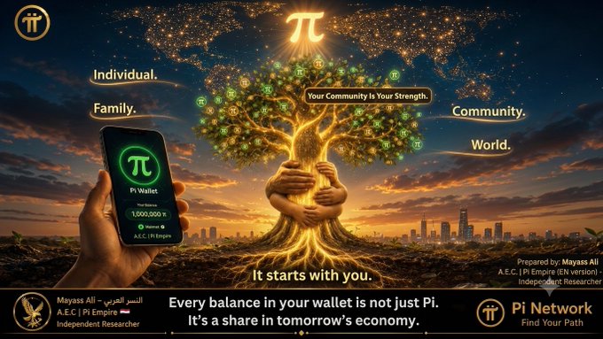 A promotional graphic for Pi Network showing a glowing tree with Pi symbols and a hand holding a phone displaying a 'Pi Wallet' with 1,000,000 π balance, with text reading 'Your Community is Your Strength,' 'It starts with you,' and 'Every balance in your wallet is not just Pi. It's a share in tomorrow's economy,' credited to Maysaa Ali | A.E.C | Pi Empire (EN version) - Independent Researcher.