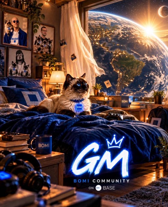 Promotional image for 'BOMI Community on BASE' featuring a Siamese cat on a blue bed, with Earth viewed from space, photos of people and cats on the wall, and a neon 'GM' logo.