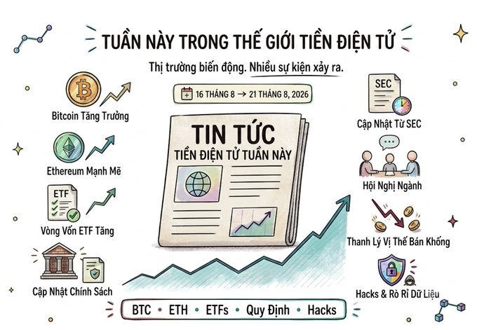 An illustrated infographic in Vietnamese titled 'TUẦN NÀY TRONG THẾ GIỚI TIỀN ĐIỆN TỬ' covering crypto news from 16 to 21 August 2026, featuring icons and headings for 'Bitcoin Tăng Trưởng', 'Ethereum Mạnh Mẽ', 'Vòng Vốn ETF Tăng', 'Cập Nhật Chính Sách', 'Cập Nhật Từ SEC', 'Hội Nghị Ngành', 'Thanh Lý Vị Thế Bán Khống', and 'Hacks & Rò Rỉ Dữ Liệu'.