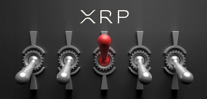 A row of five toggle switches on a dark control panel is shown, with the center switch flipped up in red beneath the text "XRP," while the other four switches remain in the down position in gray. The image visually reinforces the post's message by depicting a single XRP switch activated and ready to trigger explosive upward movement.