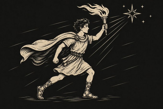 A stylized illustration of a young man in ancient Greek attire, running with a flaming torch toward a star against a dark background.