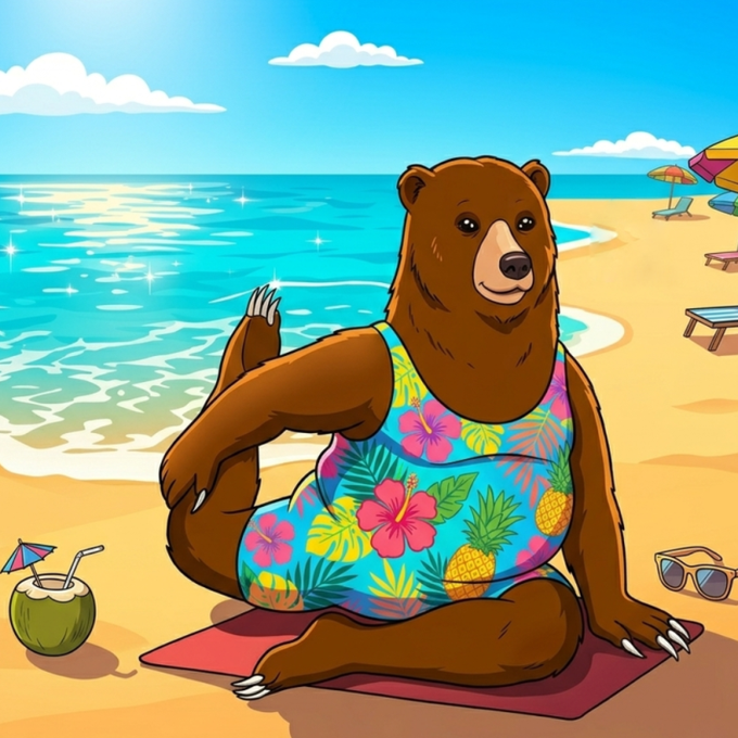 A cartoon illustration of a brown bear wearing a colorful floral and pineapple-patterned swimsuit, sitting on a beach towel with a coconut drink beside it.