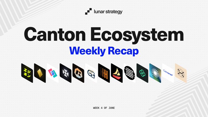 A Lunar Strategy weekly recap banner for "Canton Ecosystem" in Week 4 of June, featuring 14 project logos (including Coinmerge) displayed below the bold title, serving as a visual header for the ecosystem update.