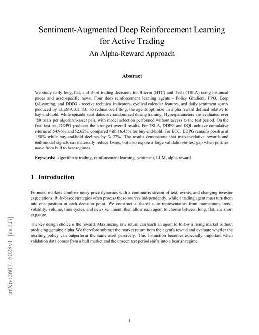 This image shows the first page of an academic paper titled "Sentiment-Augmented Deep Reinforcement Learning for Active Trading: An Alpha-Reward Approach," which describes how four deep RL agents (Policy Gradient, PPO, Deep Q-Learning, and DDPG) used historical prices and LLaMA 3.2-generated news sentiment to trade Bitcoin (BTC) and Tesla (TSLA), with DDPG achieving 54.96% on TSLA and 1.58% positive return on BTC versus buy-and-hold's 34.22% loss—matching the accompanying post's claim about outperformance on Tesla while highlighting the surprising bearish Bitcoin result.