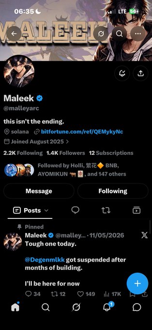 A Twitter/X profile page for 'Maleek' (@malleyarc) with anime-style avatar artwork, showing 2.2K following, 1.4K followers, joined August 2025, followed by Holli, 紫花 BNB, AYOMIKUN, and others.