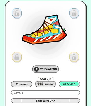 A digital NFT-style illustration of a colorful high-top sneaker labeled 'Shoe Mint 0/7' with a value of 957954700, classified as a Common Runner at Level 0.