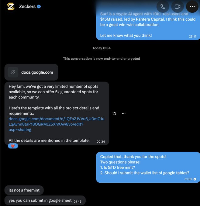 A screenshot of an encrypted messaging conversation between Zeckers and another user discussing a collaboration with Surf, a crypto AI agent, including details about a Google Docs template and GTD spots.