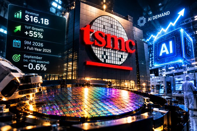 An image showing the TSMC logo prominently on a building, with financial metrics displayed: 'Revenue $16.1B', 'YoY Growth +55%', '9M 2026 > Full-Year 2025', and 'September (vs. -10% expected) -0.6%'. An 'AI DEMAND' graphic with an upward arrow is also featured.