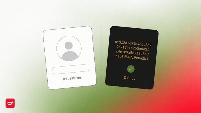 A digital illustration showing two user profile cards against a gradient background—one representing a traditional profile with a 'nickname' field, and the other showing a blockchain-style wallet address (0x3f2a7c91b4d6e8a29d7f5c1e2b0a8d3fc4e1b9a6d7f2c8e3a1b3d5e7f9c0a2b4) with a green checkmark.