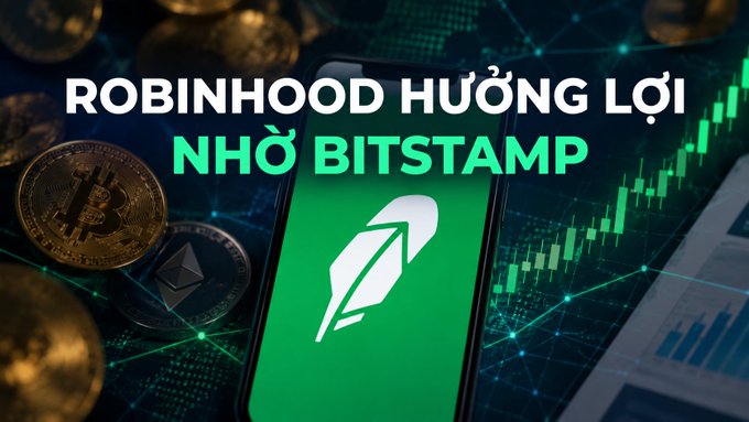 A thumbnail featuring the Robinhood feather logo on a green screen with the Vietnamese text 'ROBINHOOD HƯỞNG LỢI NHỜ BITSTAMP' displayed over a background of cryptocurrency coins and stock charts.