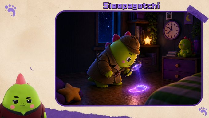 A whimsical 3D illustration titled 'Sleepagotchi' features a green dinosaur character dressed as a detective in a trench coat and deerstalker hat, investigating a glowing purple paw print with a magnifying glass in a cozy bedroom.