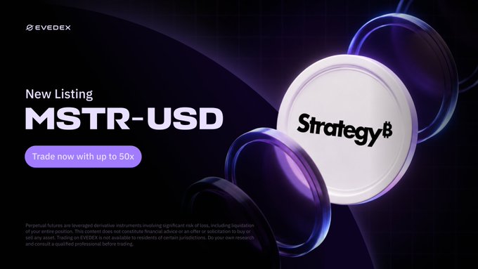 The image features a poster for a cryptocurrency called Strategy's Bitcoin reserve, which has just crossed 843,738. The poster also includes text about trading strategy and leverage, with a focus on EVEDEX.