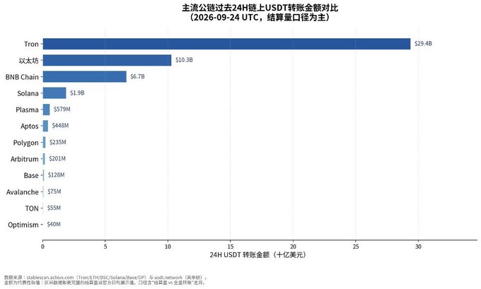 A bar chart titled in Chinese comparing 24H USDT transfer amounts across major public chains, with Tron leading at $29.4B, followed by Ethereum ($10.3B) and BNB Chain ($6.7B).