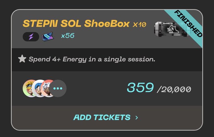 A digital card or banner for 'STEPN SOL ShoeBox x10' marked as 'FINISHED', showing a progress of 359/20,000 for the task 'Spend 4+ Energy in a single session.' with avatars and an 'ADD TICKETS' button.