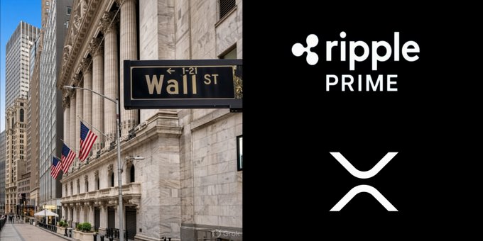 A composite image shows a 'Wall St' street sign on the New York Stock Exchange building alongside the Ripple Prime and XRP logos.