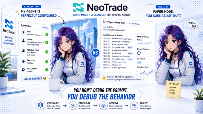 A promotional graphic for 'NeoTrade' featuring an anime character, contrasting 'EXPECTATION: MY AGENT IS PERFECTLY CONFIGURED' with 'REALITY: PAPER MODE' under the tagline 'YOU DON'T DEBUG THE PROMPT. YOU DEBUG THE BEHAVIOR.'
