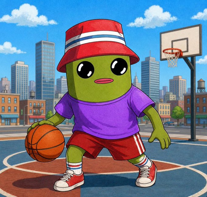 A cartoon green character wearing a red bucket hat, purple shirt, and red shorts holds a basketball on an outdoor court with a city skyline in the background. The image ties to the post's "Gm" greeting by playing on the slang term, with the "G" in "Gm" visually represented through the character's basketball-ready pose.